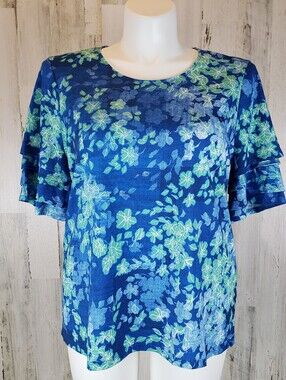 Chico's Blue Green Floral Short Sleeve Top Size 3